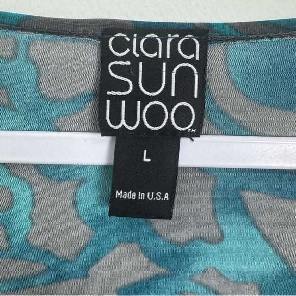 Clara Sun Woo Teal Abstract Print Cowl Neck Ruched Dress Size Large - Picture 4 of 7